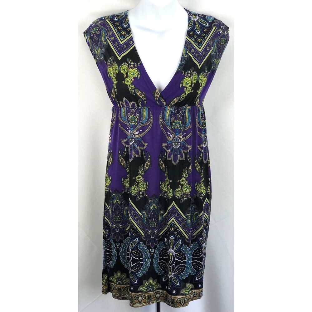 Vintage Surplice Empire Dress S Purple Psychedelic Deep V-Neck stretch Hippie